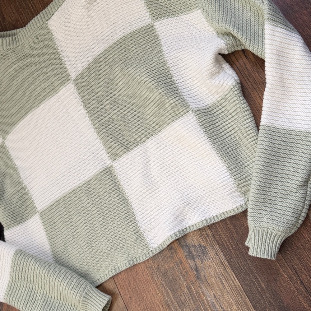 moon & madison Olive and Cream Block Sweater checkered soft stretchy medium - Picture 5 of 6